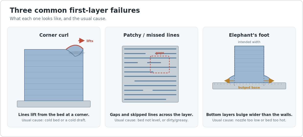 Diagram comparing a correct first layer against four failure modes — too high, too low, dirty bed, and warped corners.